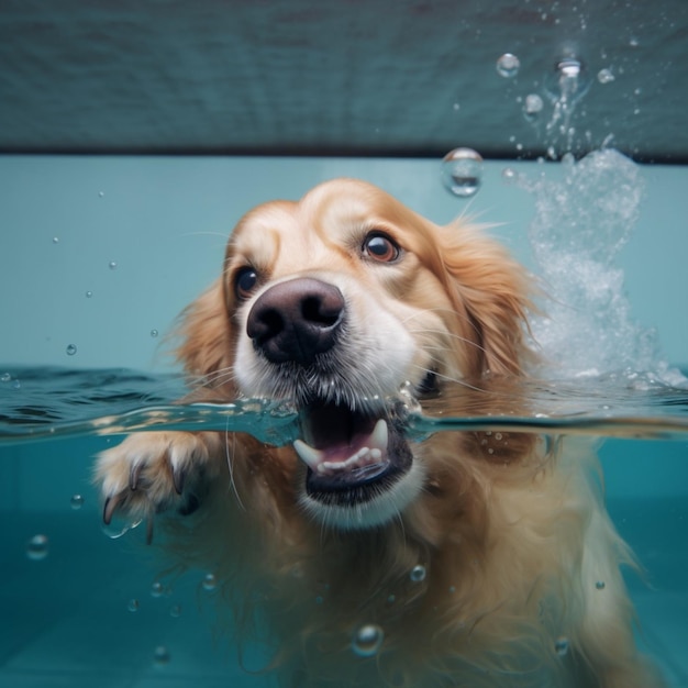 A dog is swimming in a pool with the water in the background.