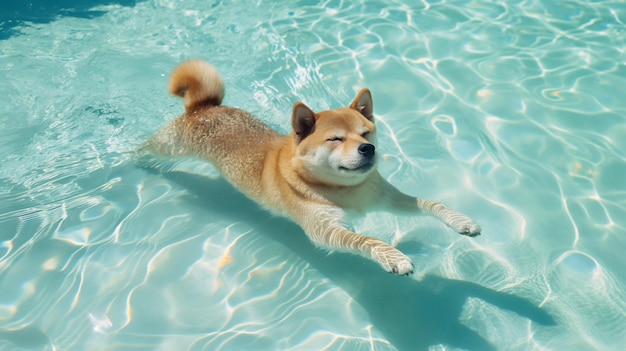 a dog is swimming in a pool with water and a sign that says dog