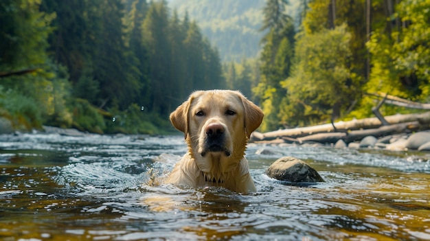 Photo a dog is swimming in a river with a sign that says quot dog quot