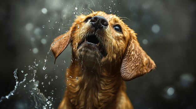 Photo a dog is taking a shower with its mouth open