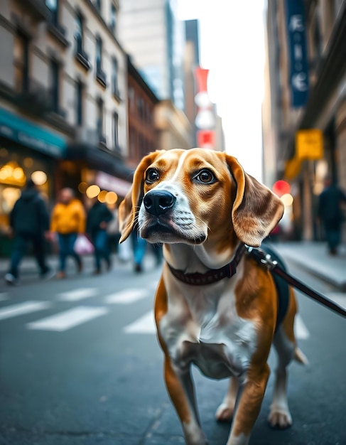 a dog is tied to a pole in the street