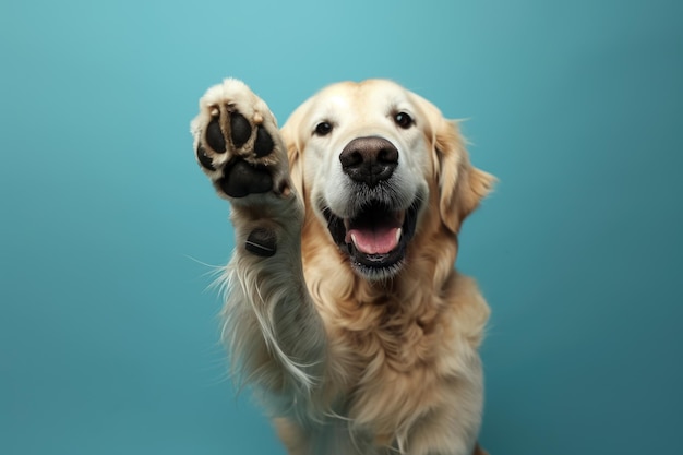 A dog is wagging its tail and has its paw raised in the air