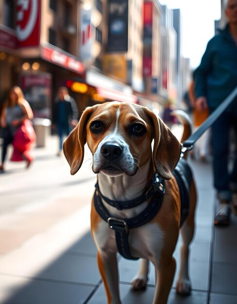 a dog is walking down the street in front of a store