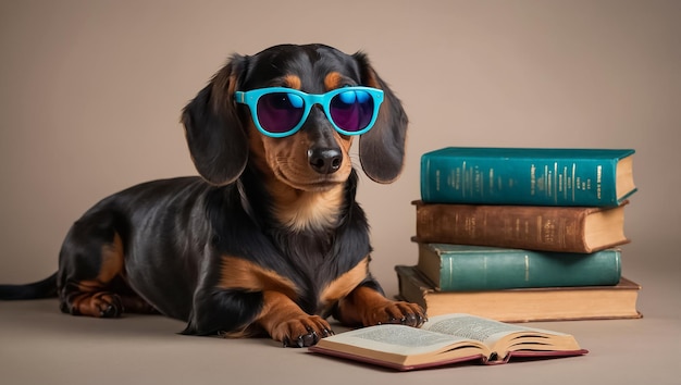 a dog is wearing blue sunglasses and a book titled dachshund