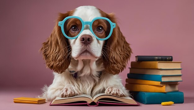 Photo a dog is wearing glasses and a book with a pink background