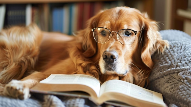 a dog is wearing glasses and reading a book