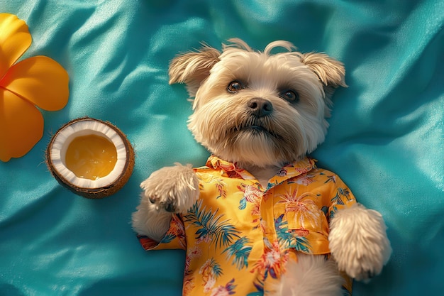 Photo a dog is wearing a hawaiian shirt and laying on a blue towel