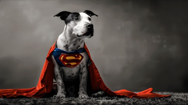 A dog is wearing a red Superman costume and is sitting on the ground The dog is wearing a cape and a red shirt with the letters quotSquot and quotAquot on it