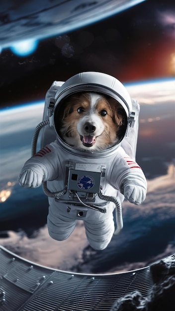 Photo a dog is wearing a space suit and flying through space