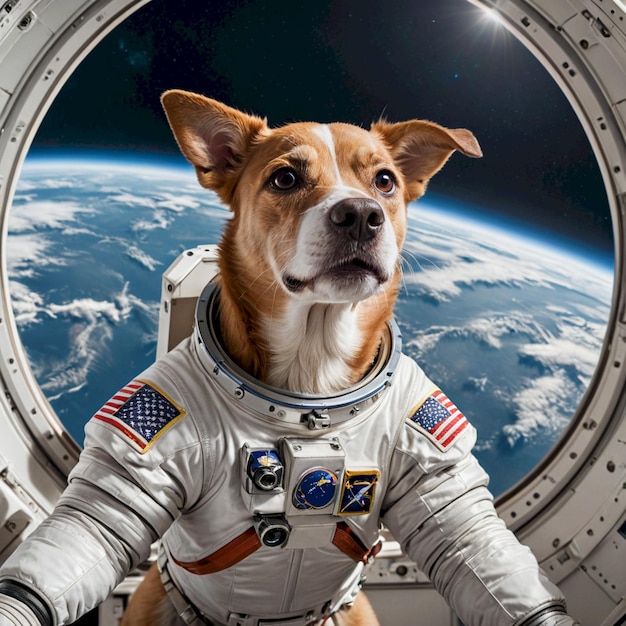 a dog is wearing a space suit and is sitting in a space shuttle