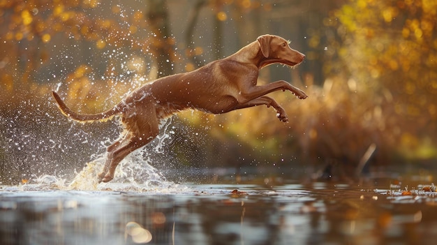 Photo dog jump water beautiful vizsla hunter leaping into natural water outdoors