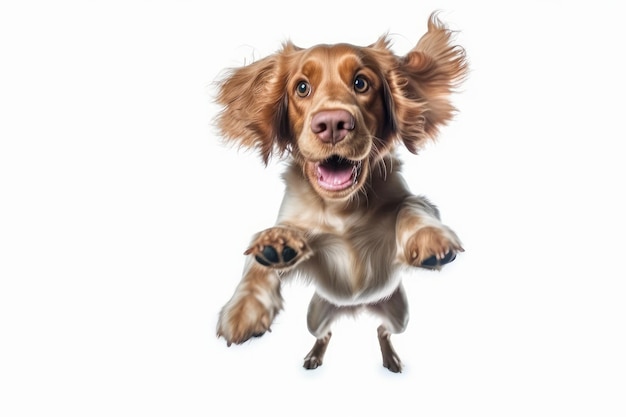 A dog jumping in front of a white background