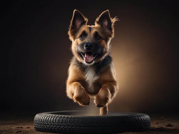 a dog jumping over a tire that has a black background