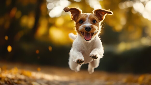 a dog jumps in the air with his tongue out