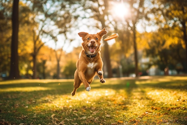 A dog jumps in the air with the sun shining on his chest.