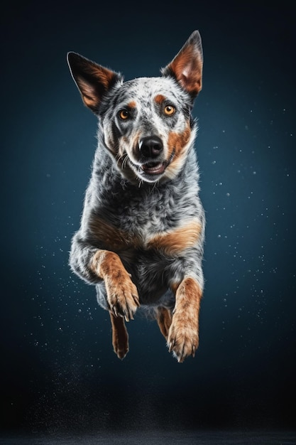 A dog jumps in the air with the words blue heeler on it.