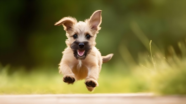 A dog jumps over a fence with his mouth open and his tongue out.