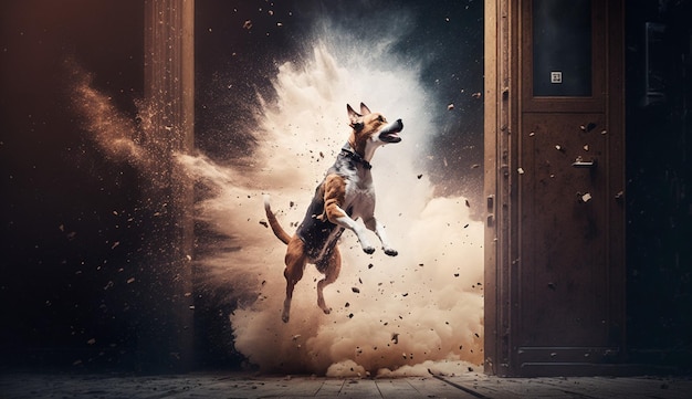 A dog jumps into a building with smoke coming out of it