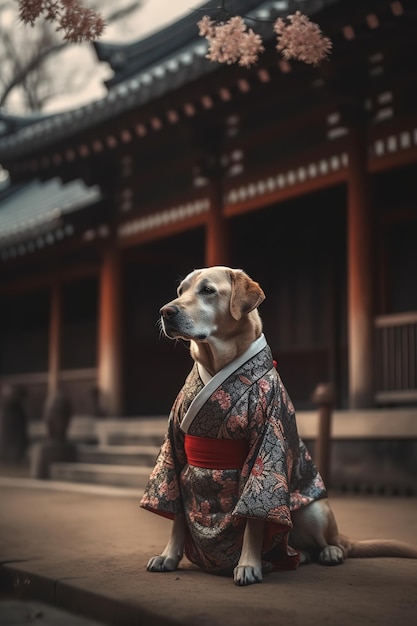 A dog in a kimono stands in front of a temple.