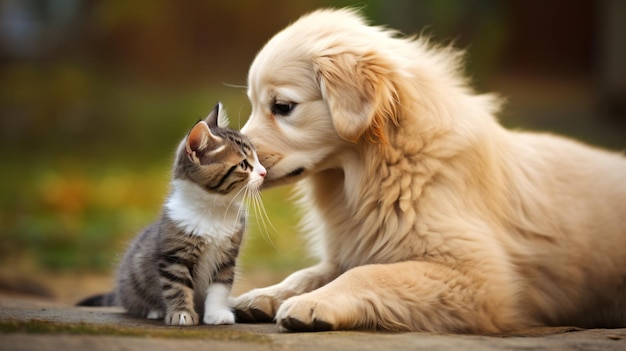 A dog kiss a cat little kitten