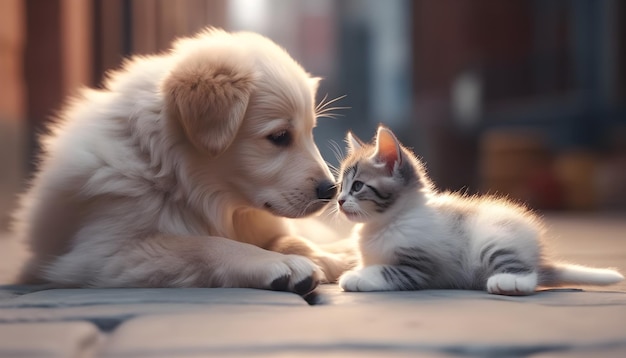 A dog and a kitten are cuddling together.