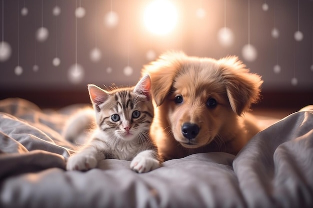 A dog and a kitten are laying on a bed together.