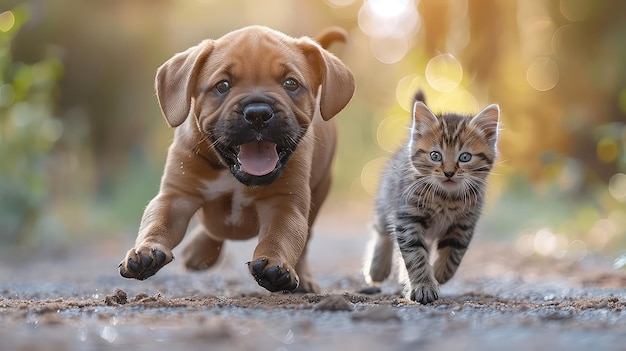 Dog and kitten running together