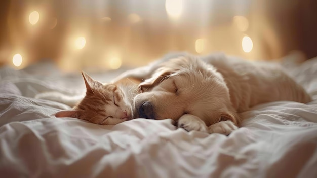 Dog and kitty sleeping on white bed white blur background