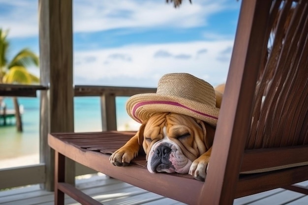 Dog laidback bulldog unwinding on vacation on the beach