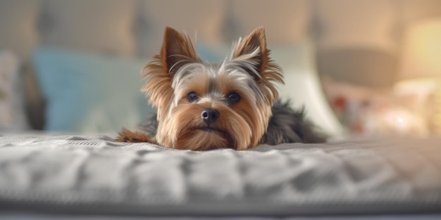 A dog laying on a bed with its head on the bed