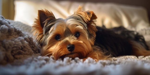 A dog laying on a bed with its head resting on its side