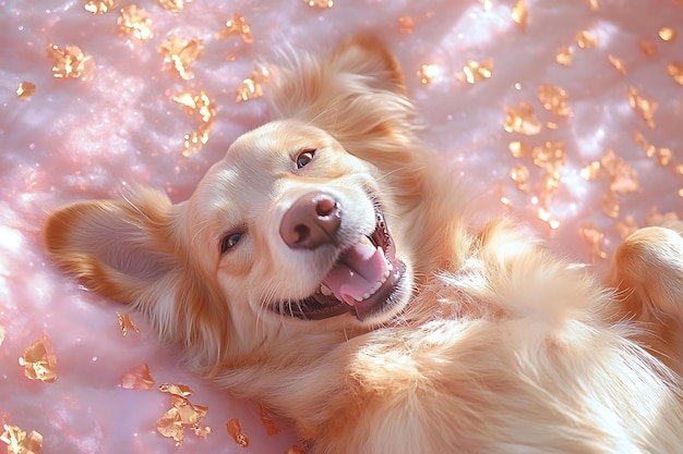 Photo a dog laying on a blanket with a pink background with gold glitter around its eyes