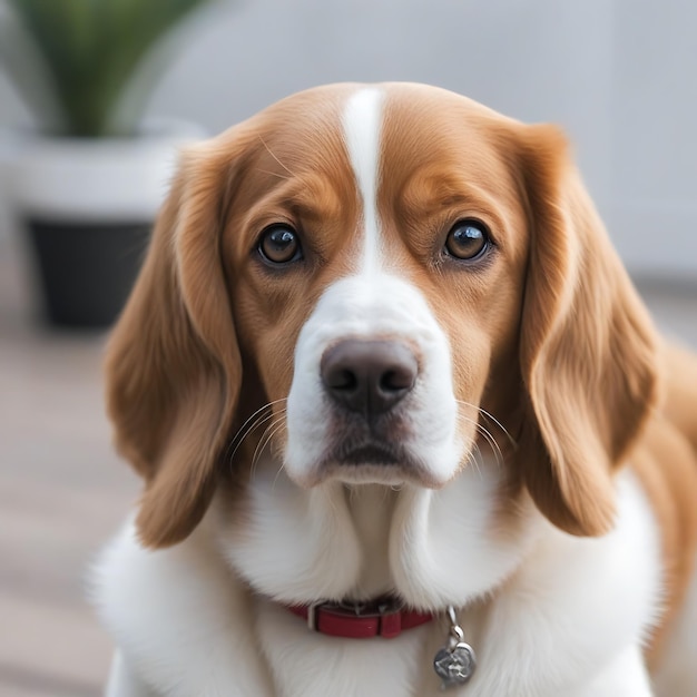 Photo a dog laying on a brick sidewalk with the sun shining on his eyes