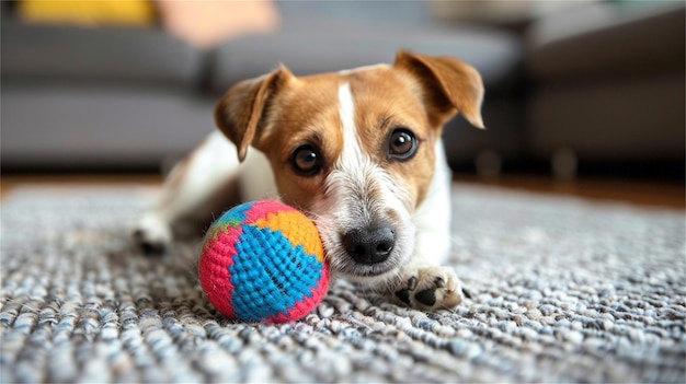 Photo a dog laying on the carpet with a ball in his mouth