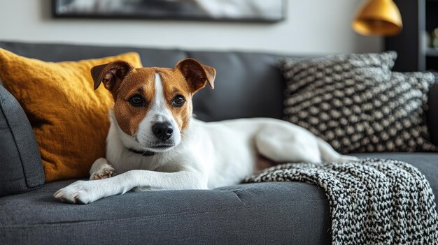 a dog laying on a couch with a blanket on the back of it