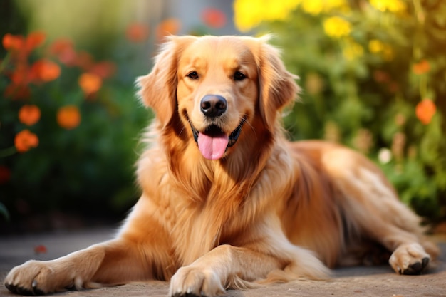 a dog laying down on the ground with its tongue out