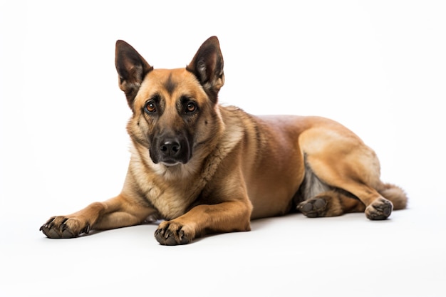 a dog laying down on a white surface