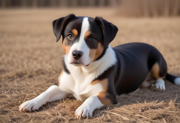 a dog laying on a dry grass with a brown and white face