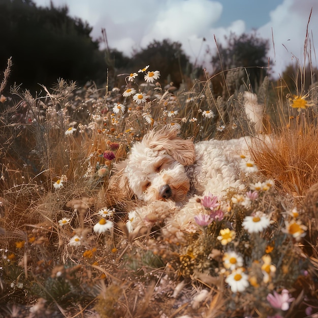 a dog laying in a field of flowers with a dog laying in the grass