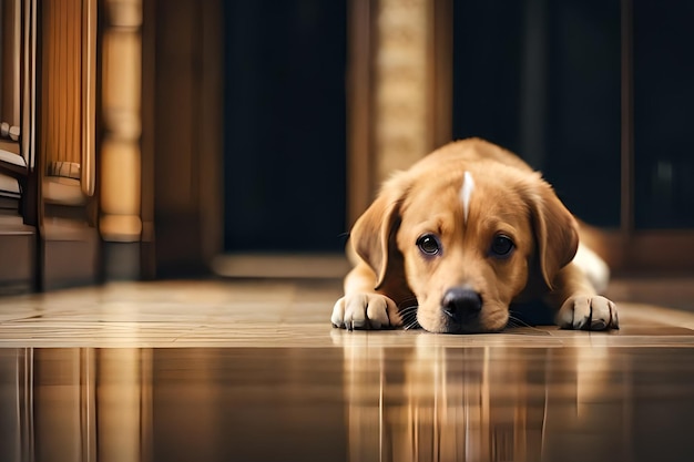 A dog laying on the floor looking sad