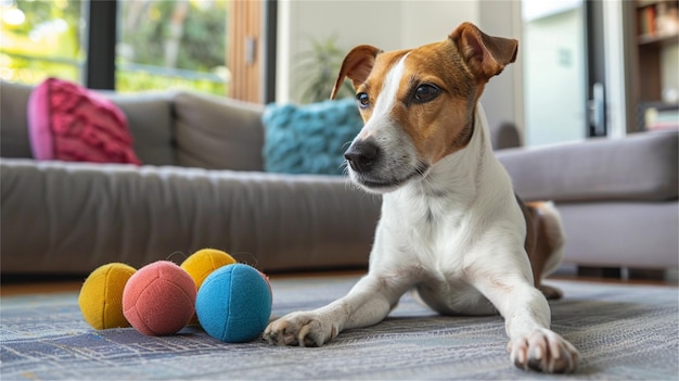 Photo a dog laying on the floor with balls and a rug with a dog laying on the floor