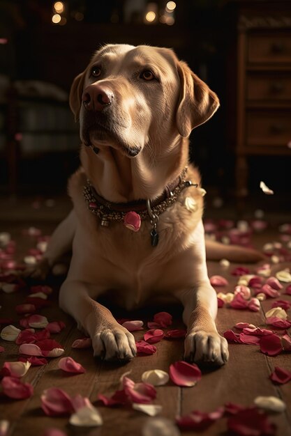 A dog laying on the floor with a flower petal on it