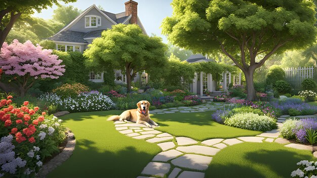 a dog laying in a garden with a house in the background