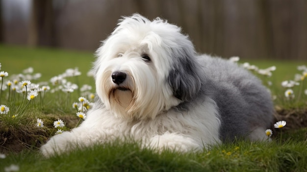 A dog laying in the grass with flowers in the background