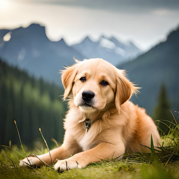 A dog laying in the grass with mountains in the background.