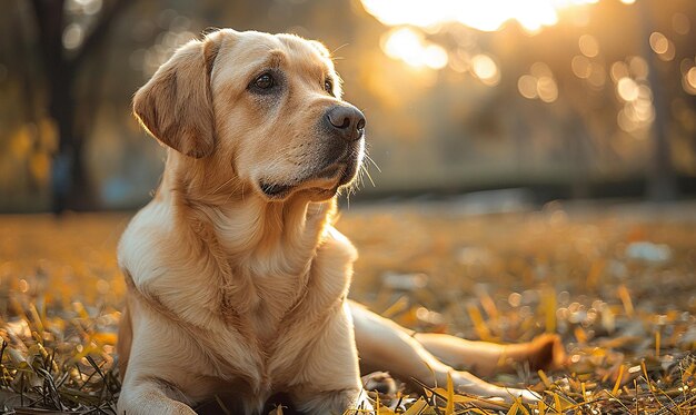 Photo a dog laying on the grass with the sun behind him