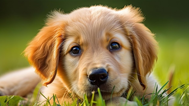 A dog laying in the grass with the word golden on it