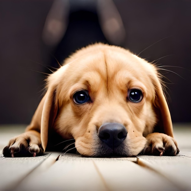 A dog laying on the ground with its head on the ground.