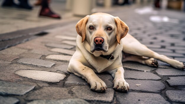 a dog laying on the ground with a red nose