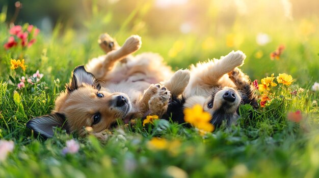 a dog laying on its back with a flower in the grass